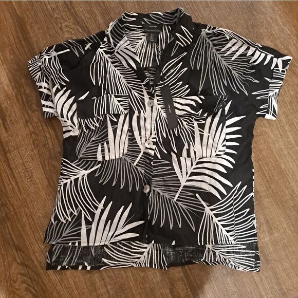 Tahari Black/White Print Linen Top Women's Small Palm Trees - Picture 1 of 5